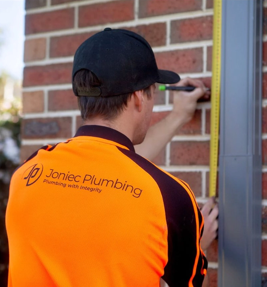 Joniec Plumbing measuring a downpipe
